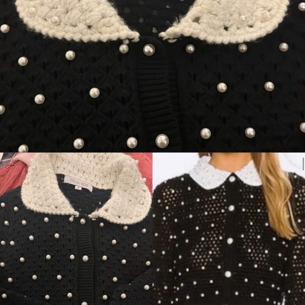 Black Cardigan with Pearl Accents and Cream Collar